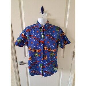 SSLR MENS RED CHRISTMAS HAWAIIAN SHIRT SANTA BLUE CORVETTE REINDEER PALM TREES L